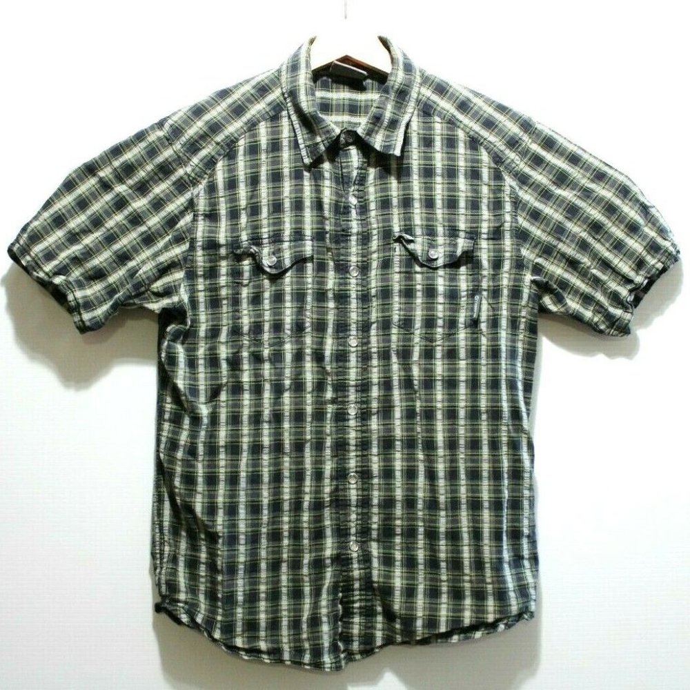 Merrell Mens Size Small Green Plaid Snapl Button Down Short Sleeve Shirt
